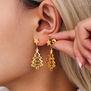 Exaggerated 3D Christmas tree drop earrings with star accent in 18K gold plated finish