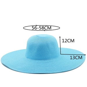 Light blue wide brim straw sun hat with 13cm foldable beach protection and dimensions