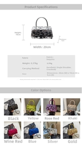 Sequin crossbody bag details showing 20x10x5cm dimensions and eight vibrant color options