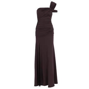 Detail of one-shoulder chocolate dress featuring ruched waist and high side slit