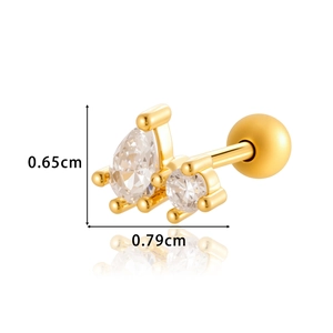 Gold stainless steel stud earring with teardrop cubic zirconia and screw ball back