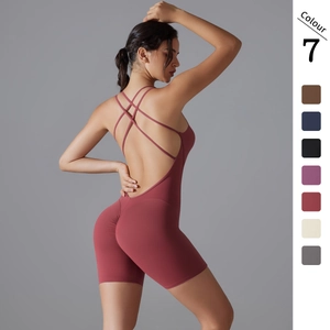 Barboteuse Yoga Femmes Bodysuit Dos Croisé Lift Fessier Sport Nylon Spandex Haute Élasticité Sans Manches Fitness