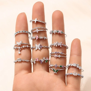 S925 sterling silver butterfly and flower ring set with colorful zircons worn on hand