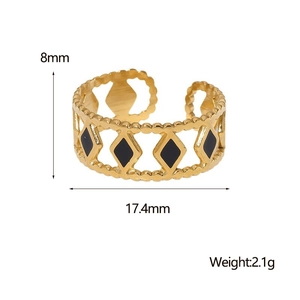 Detail view of 18K gold plated stainless steel ring with black enamel diamond pattern
