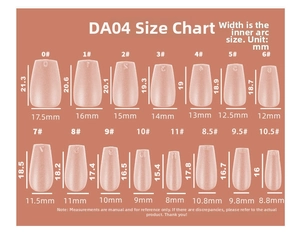 Size chart for short coffin false nails showing width and length in mm for various sizes