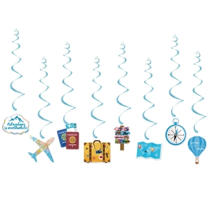 Travel theme graduation party hanging swirls with airplane, passport and world map designs