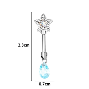Titanium steel star cartilage stud with blue teardrop zircon and rainbow rhinestones