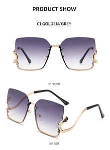 Detailed front and side views of gold oversized sunglasses with gradient grey lenses