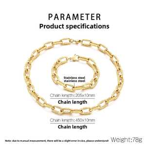 Detailed size specifications for 10mm gold stainless steel chain necklace and bracelet