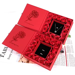 Red book-style rose jewelry gift box with necklace and rings for romantic occasions