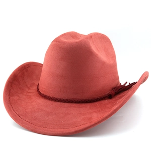 Detail of terracotta suede cowboy hat with braided rope band and tassel fringe elements