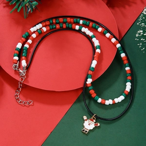 Double-layer Christmas necklace featuring Santa Claus pendant and festive beads