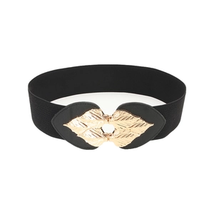 Black elastic waist belt for women with golden leaf buckle on a white background