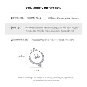 Detailed size specifications for the rhinestone water drop necklace and earring jewelry set