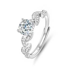 Detailed view of S925 silver moissanite ring with vine leaf design and sparkling stone