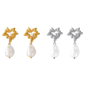 Hepburn style gold and silver heart-shaped earrings with baroque pearl pendants