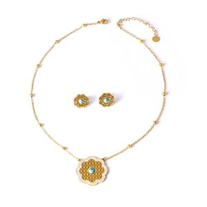 Vintage gold hollow flower jewelry set with turquoise beads and sparkling crystals