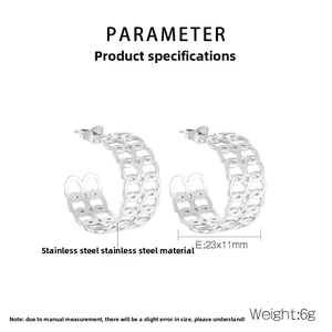 Detail showing 23x11mm hollow geometric C-shaped earrings in polished stainless steel