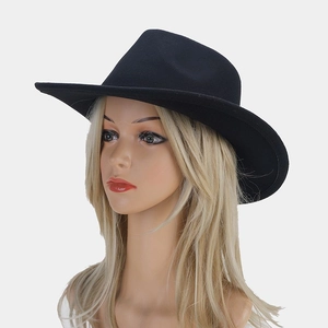 Side view of a classic black wool fedora with a wide brim on a model head stand