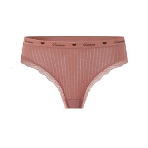 Dusty pink ribbed cotton thong with delicate lace trim and Fashion logo waistband