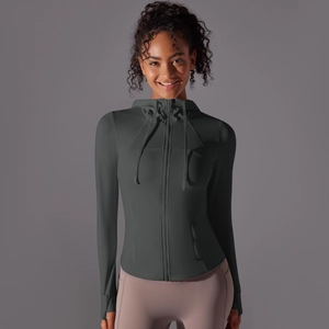 Detail of slim fit sun protection hoodie with thumbholes and high elasticity fabric