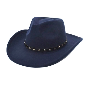 Navy blue western wool cowboy hat with wide brim and studded leather band for men and women