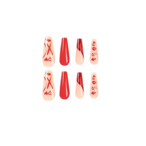 Long coffin press-on nails with red French tips, heart patterns and XO lip prints design