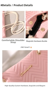 Detail of pink quilted tote bag with thick cotton rope handle and magnetic gold clasp