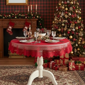 Christmas Tablecloth Red Lace Hollow Out Round Rectangular Snowflake Heart Pattern Festive Dining Table Decor