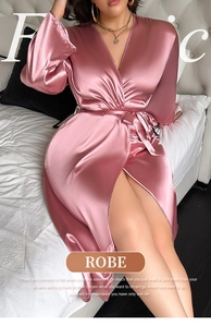 Detail of pink satin V-neck long robe with adjustable waist belt and silky texture