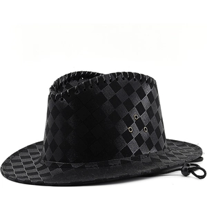 Western Cowboy Hat Checkered Polyester Adjustable Fedora Jazz Style Retro Sun Protection With Windproof Rope