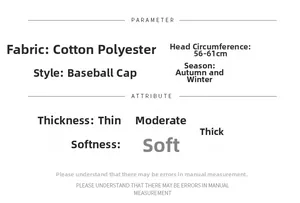 Size guide for fuzzy winter baseball cap featuring 56-61cm head circumference and material specs