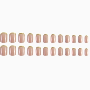 French tip press-on nails with nude base and gold metallic edges in 24-piece set