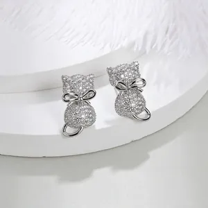 Cute S925 silver cat stud earrings with micro-set colorful cubic zirconia crystals