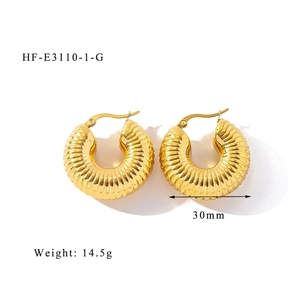 Detail view of 30mm gold-plated stainless steel hoop earrings with ribbed texture