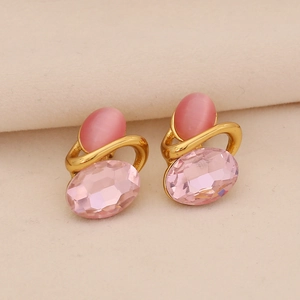 Boucles d'oreilles rétro en acier doré avec pierre œil de chat rose et gemmes ovales