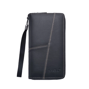 Classic black leather long wallet for men with zipper closure and wrist strap