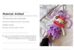 Detail of purple knitted crochet phone bag with big red lips and pearl necklace accent