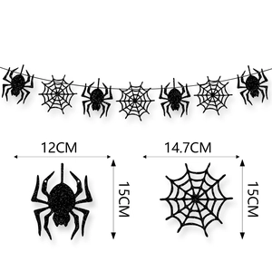 Detail of black glitter Halloween spider banner with precise dimensions and hanging layout