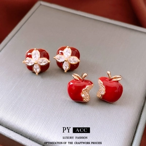 Red Enamel Flower And Apple Stud Earrings With 18K Gold Plating Zircon Accents And Silver Earring Post For Women