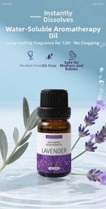 Close-up of 10ml lavender water-soluble essential oil in a dark glass bottle on water