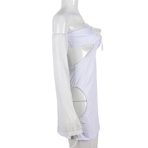 Detail of white mesh sleeve and hollow-out cutouts on sexy bodycon tube dress