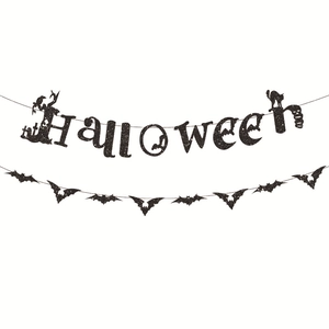 Black glitter Halloween banner with themed letters and bat silhouettes for wall decoration