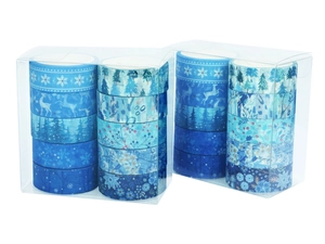Detailed view of two sets of winter-themed washi tape with snowflake and reindeer patterns