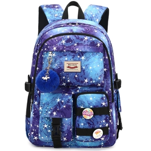 Blue and purple galaxy print backpack with large capacity and fluffy pom pom keychain