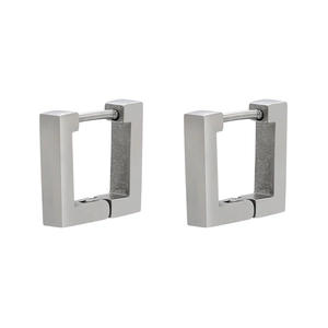 Detail view of silver square geometric huggie earrings in minimalist stainless steel