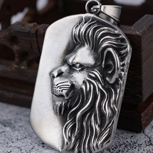 Lion Head Pendant Necklace Stainless Steel Vintage Relief Square Tag Animal Jewelry For Men