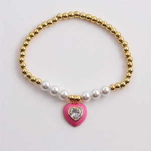 Heart Pendant Bracelet Gold Plated Copper Imitation Artificial Pearl Zircon Inlaid Enamel Fashion Jewelry For Women Elegant