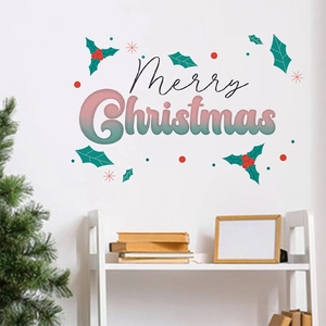 Merry Christmas wall decal with red holly leaves on white living room background