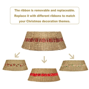 Detail of natural woven Christmas tree collar featuring removable red plaid ribbon accents